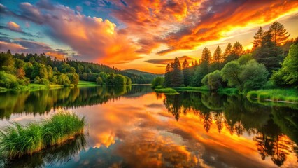 Obraz premium Tranquil Scene Featuring A Serene Lake With Lush Green Surroundings, Reflecting The Vibrant Orange Hues Of A Fiery Sunset