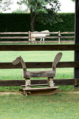 Old wooden rocking horse in farm