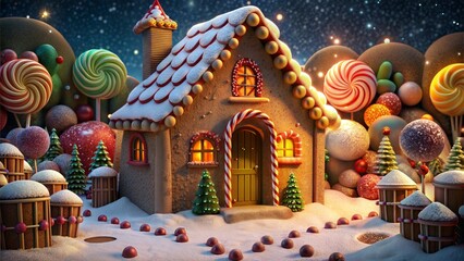 Naklejka premium Festive gingerbread house with colorful candy decorations against starry background