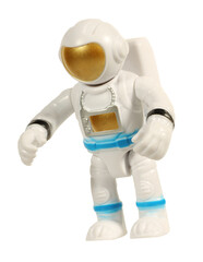 Astronaut plastic toy space decoration isolated on white background. Cosmic toy concept.