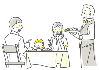 レストランで食事を楽しむ若い家族　シンプルでお洒落な線画イラスト