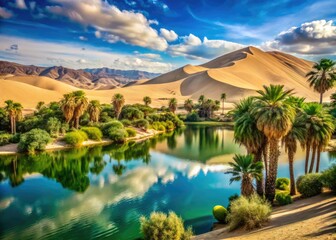 Obraz premium Tropical Paradise In The Peruvian Desert Featuring Sand Dunes, Verdant Mountains, And Tranquil Lagoons