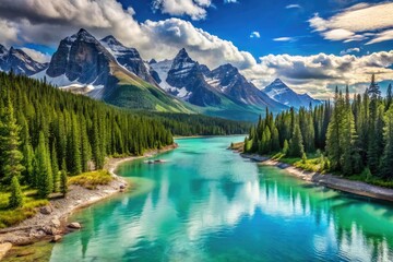 Turquoise waters meet rugged shoreline as snow-capped mountains rise sharply from the misty coastline, surrounded by lush green forests in Canada's pristine wilderness.
