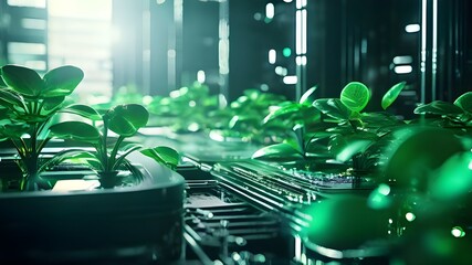 Green AI technology with eco-friendly circuits and futuristic environmental innovation. AI generative