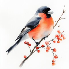 Watercolor bullfinch on a rowan branch with berries. White isolated background. Free space for text