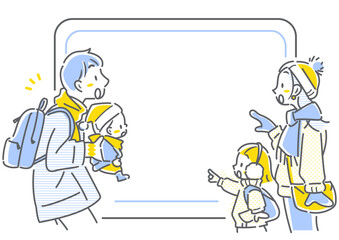 お得な情報に驚く旅行中の四人家族　シンプルでお洒落な線画イラスト
