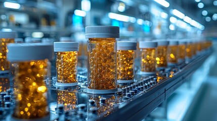 Brightly lit production line showcasing amber capsules in clear bottles at a pharmaceutical facility during daytime operations