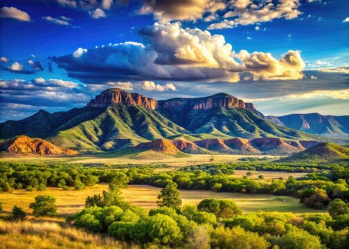 Vast Mountains In Oklahoma, With Rolling Hills And Towering Peaks Piercing The Blue Sky, Creating A Breathtaking Landscape.