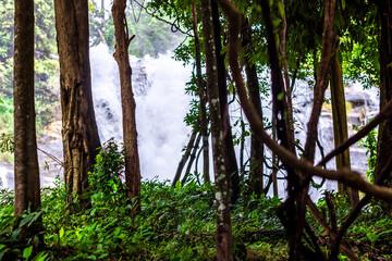 The natural background of the evening twilight, the colorful sky inside Sukhothai Historical Park, a tourist attraction that Europeans always visit.