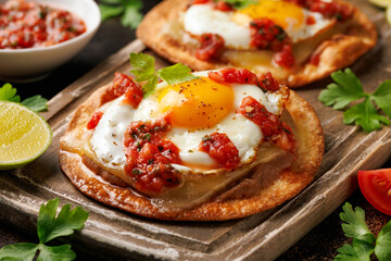 Huevos Rancheros tostadas with fried egg, tomato salsa, bean paste and cheese on wooden board