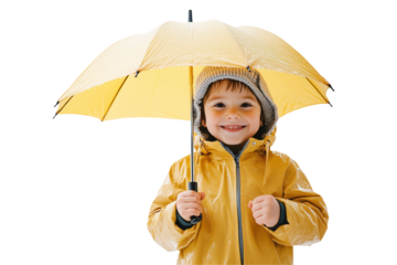 Entusiastic kid wearing yellow rainjacket and umbrella on transparent background