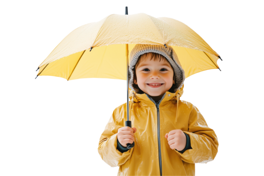 Entusiastic kid wearing yellow rainjacket and umbrella on transparent background - Powered by Adobe
