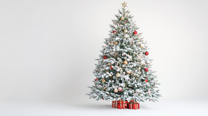 christmas tree with white snow one and red ornaments in the all white background with giftboxes under the tree