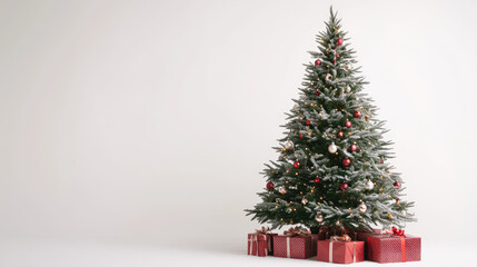 christmas tree with white snow one and red ornaments in the all white background with giftboxes under the tree