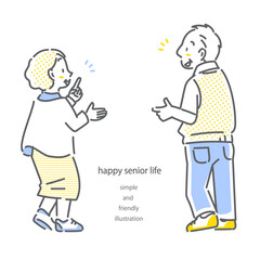 仲良しなシニア夫婦の後ろ姿　シンプルでお洒落な線画イラスト