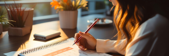 Productive office scene - Female event planner scheduling appointments, reviewing agenda on tablet, mobile devices, notepad calendar on desk.