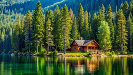 Scenic lakefront cabin nestled among towering pine trees on the pristine shores of Clark Fork Lake, North Idaho landscape