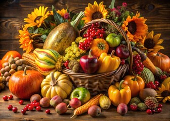 Vibrant autumnal arrangement of seasonal fruits, vegetables, and flowers surrounds a golden ornate cornucopia, symbolizing abundance and gratitude for the holiday season.