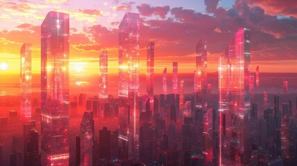 Fototapeta premium Futuristic skyline with glowing skyscrapers under a vibrant sunset, showcasing technology and architectural innovation.