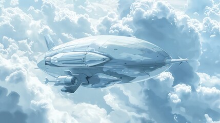 An airship with futuristic elements, floating through a sky of swirling clouds.