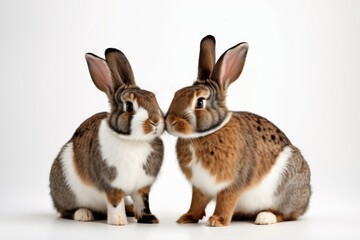 Obraz premium Two rabbits are sitting next to each other on a white background.