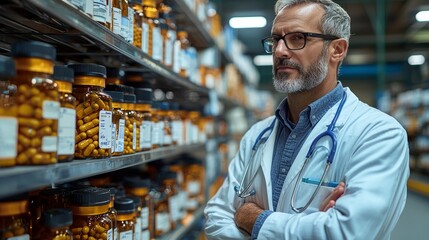 A pharmacist inspects shelves stocked with medication at a busy pharmacy during the day