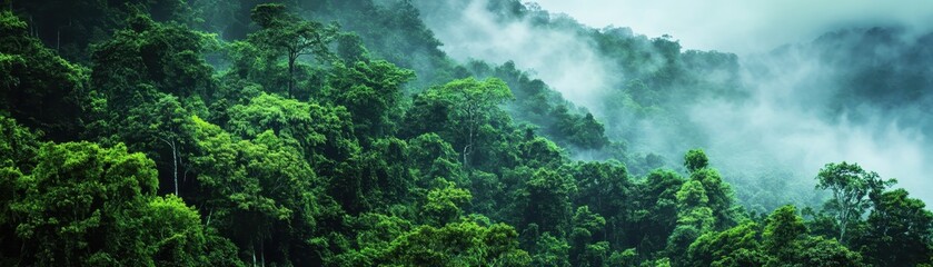 Lush tropical rainforest with dense foliage and mist. Serene and vibrant natural landscape capturing the beauty of greenery and nature.