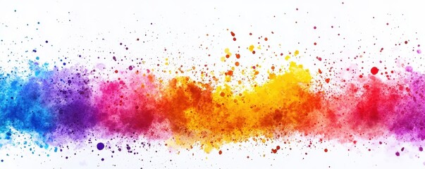 Fototapeta premium Vibrant abstract paint splatter with a blend of bright colors like blue, pink, orange, and yellow on a white background.
