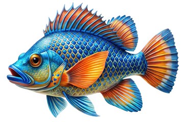Vibrant blue and orange fish, intricately detailed with scales and fins, swims against a white background, showcasing a stunning example of underwater marine life illustration.