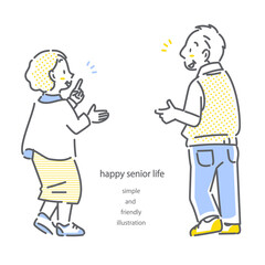 仲良しなシニア夫婦の後ろ姿　シンプルでお洒落な線画イラスト