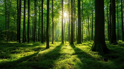 Obraz premium Serene forest scene with sunlight filtering through trees, illuminating lush green foliage and creating a peaceful, natural atmosphere.
