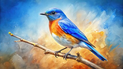 Fototapeta premium Vibrant Blue Bird Painted In Watercolor Style, Perched On A Tree Branch With Delicate Brushstrokes And Abstract Background