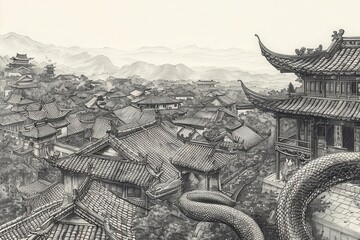 Intricate illustration of an ancient Asian cityscape with traditional architecture and a mystical serpent.