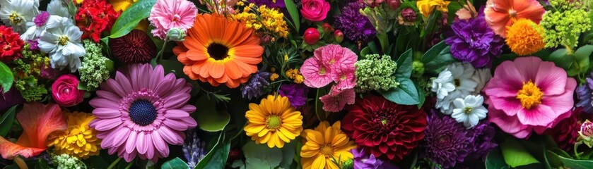 A vibrant assortment of colorful flowers in full bloom, creating a lively and beautiful display of nature's diversity and richness.