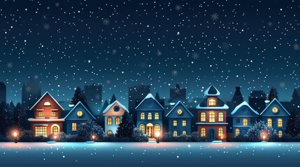 Fototapeta premium Fairytale homes with colorful designs lined up against a winter night sky during a snowfall.