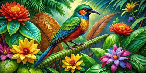 Fototapeta premium Vibrant, colorful, and intricately detailed illustration of a majestic tropical bird perched on a lush green palm frond, surrounded by exotic flowers and foliage.