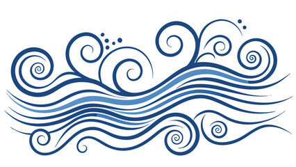 Stylized illustration of flowing waves with swirls in blue tones on a white background