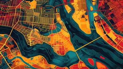 Obraz premium Vibrant abstract map design showcasing intricate river and city layouts in bold colors, ideal for urban and geographic themes.