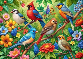 Obraz premium Vibrant, colorful illustration of various bird species, including robins, blue jays, and cardinals, perched on branches, surrounded by flowers, leaves, and whimsical patterns.