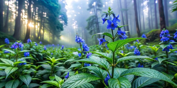 Vibrant blue flowers of Strobilanthes dyerianus bloom on a lush green stem amidst leafy foliage in a forest clearing, surrounded by tall trees and a misty atmosphere.