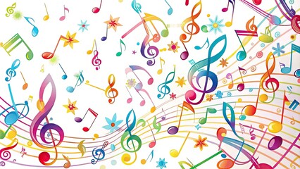 Fototapeta premium Vibrant colorful music notes templates scattered on a white background, featuring treble clefs, staff lines, and various musical symbols, perfect for music-themed design projects.