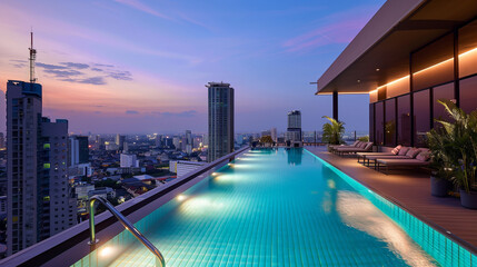Obraz premium Fifty-meter rooftop pool on a high-rise building overlooking a modern city at dusk.