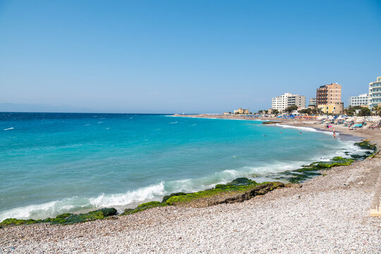 Elli Beach in Rhodes Town, Greece. View with unidentifiable figures of people.