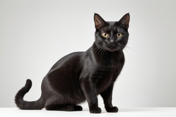 Obraz premium a black cat with yellow eyes sits on a white background