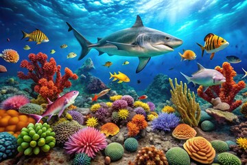 Vibrant coral reef scene showcasing a diverse array of marine life, including fish, sharks, rays, and sea turtles, interacting in a delicate underwater ecosystem.