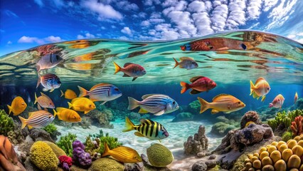 Vibrant coral reef scene with diverse fish species swimming above rippled sandy seabed, capturing the underwater world in a unique, distorted fisheye perspective.