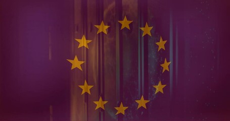 Animation of flag of european union and digital data processing over computer servers - Powered by Adobe