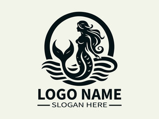 Black mermaid logo with waves, text, logo name and slogan. Ideal for branding, fashion, beauty, or aquaticthemed businesses. Eyecatching design.