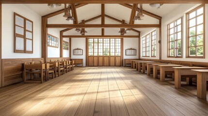 Obraz premium A long wooden room with lots of windows and desks, AI