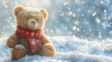 A teddy bear wearing a red scarf sits in the snow.